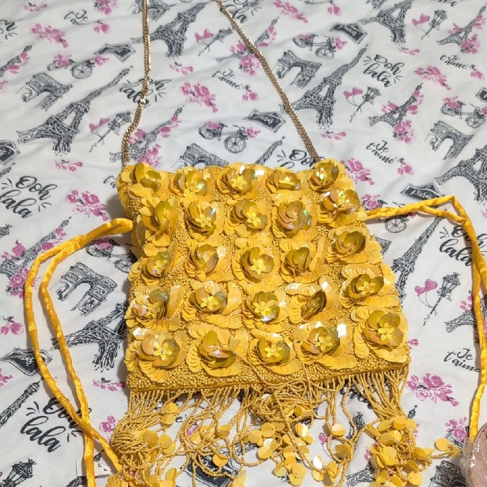Yellow Floral Embellished Women's Bag